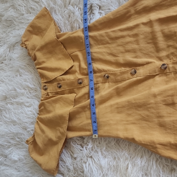 asos Pull&Bear Off Shoulder Ruffle Button Down Linen Dress in Honeycomb Gold - Picture 11 of 12
